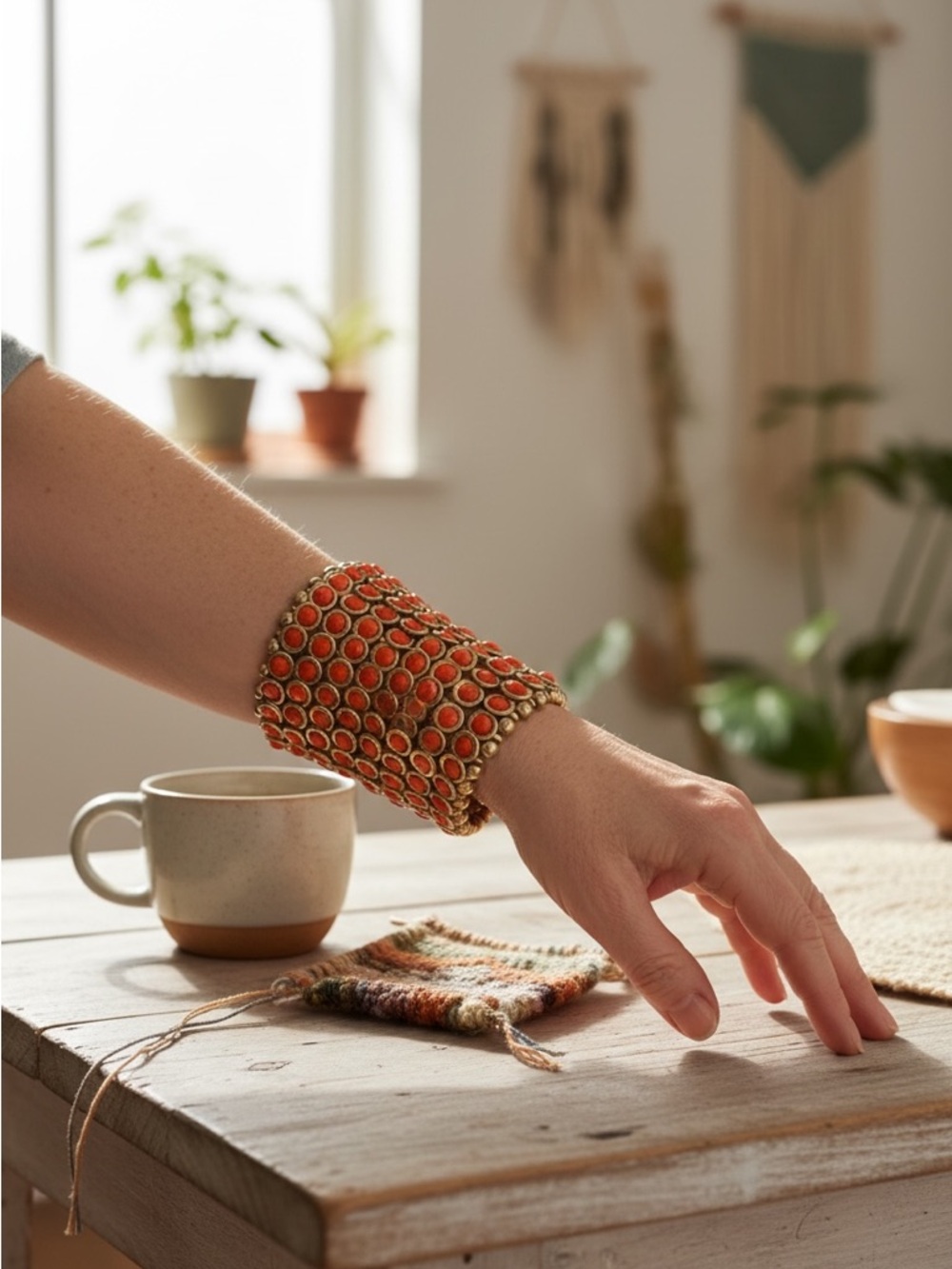 Vintage Boho Statement Cuff Bracelet | Coral & Gold-Tone